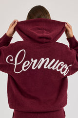 Knitted Stitch Back Detail Zip Through Hoodie - Burgundy