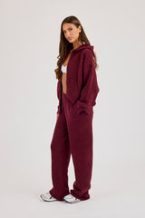 Knitted Stitch Back Detail Zip Through Hoodie & Wide Leg Jogger  - Burgundy