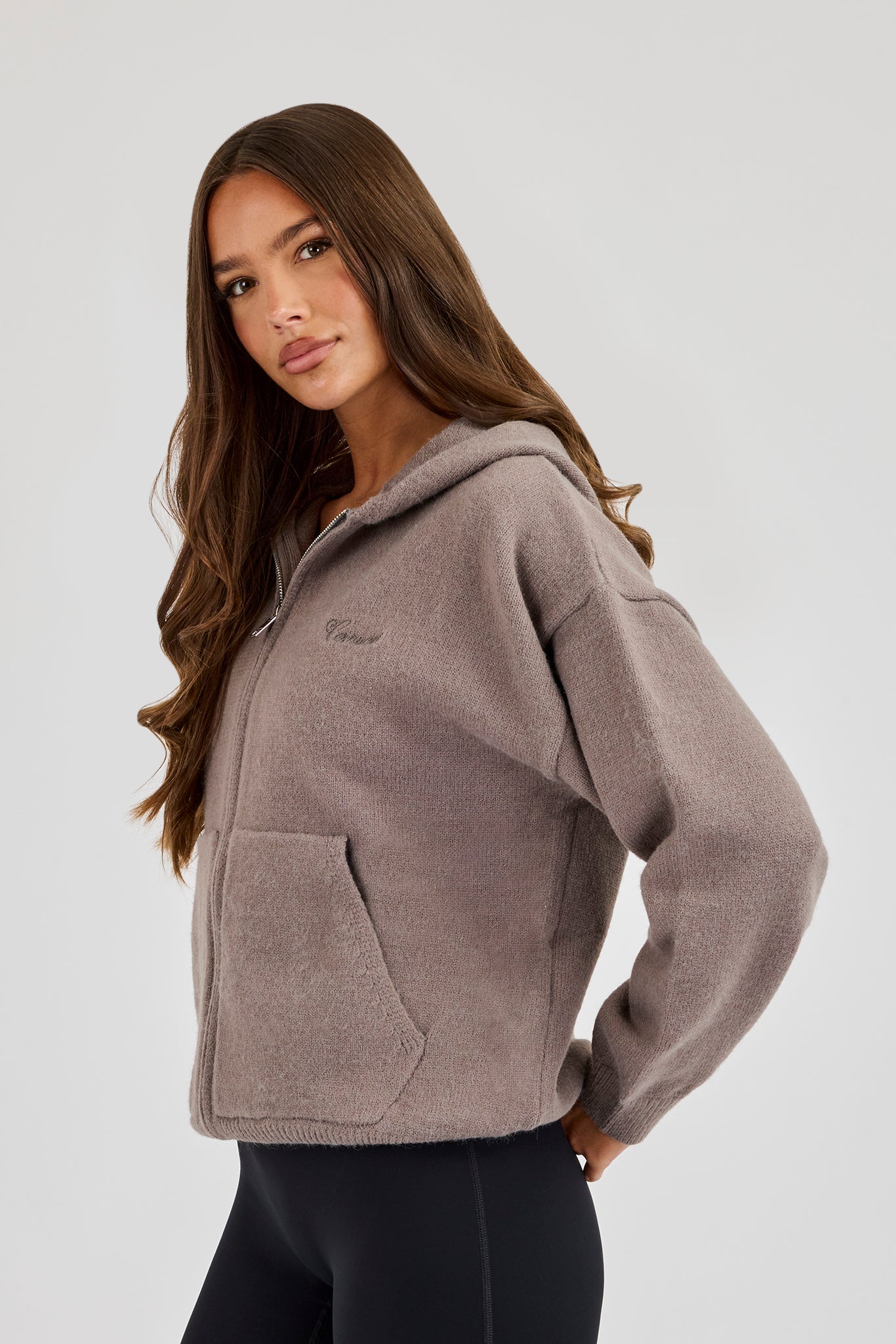 Knitted Stitch Back Detail Zip Through Hoodie - Charcoal