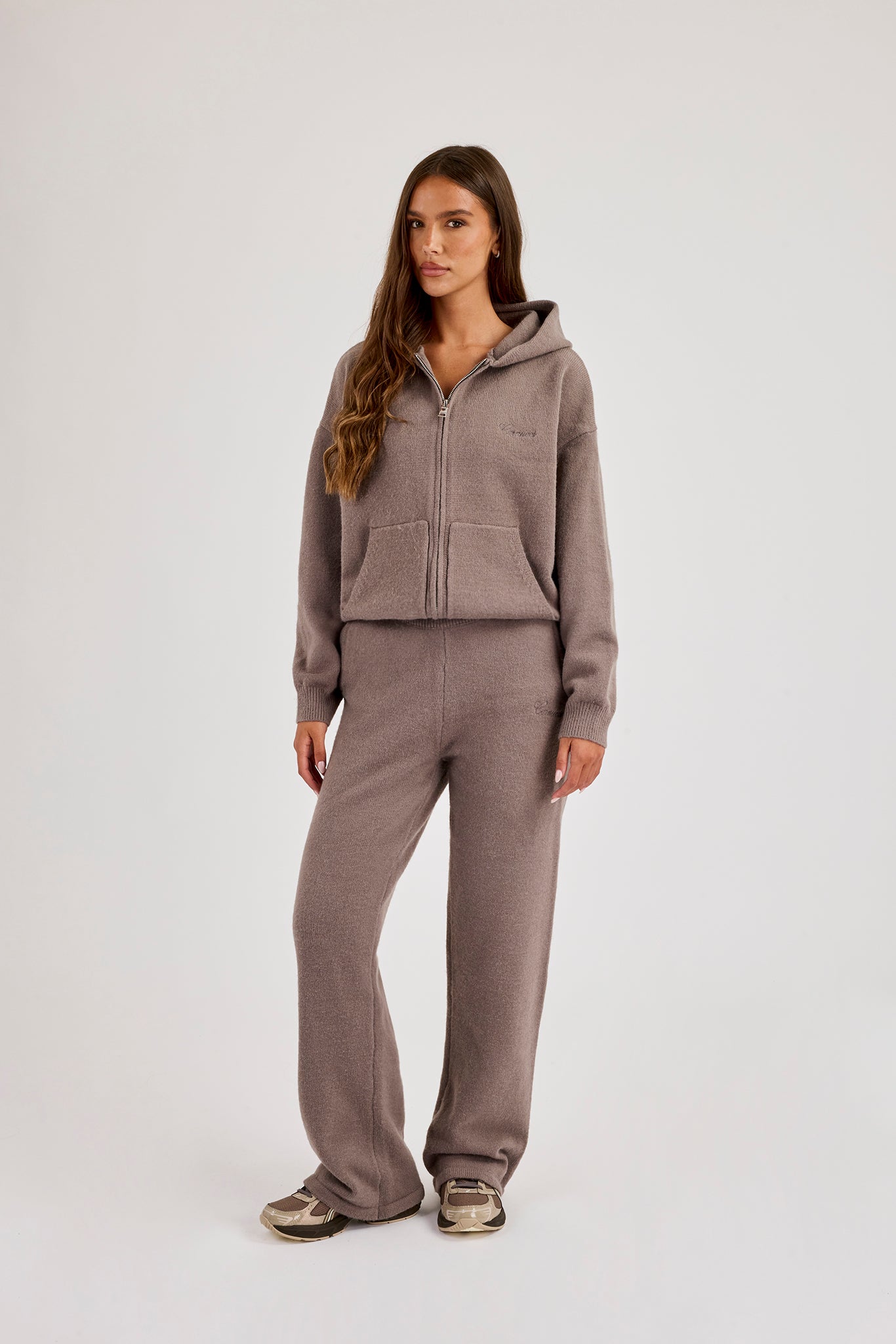 Knitted Stitch Back Detail Zip Through Hoodie & Wide Leg Jogger - Charcoal