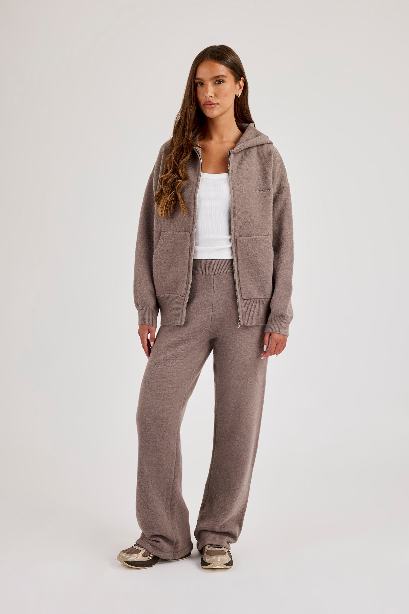 Knitted Stitch Back Detail Zip Through Hoodie - Charcoal