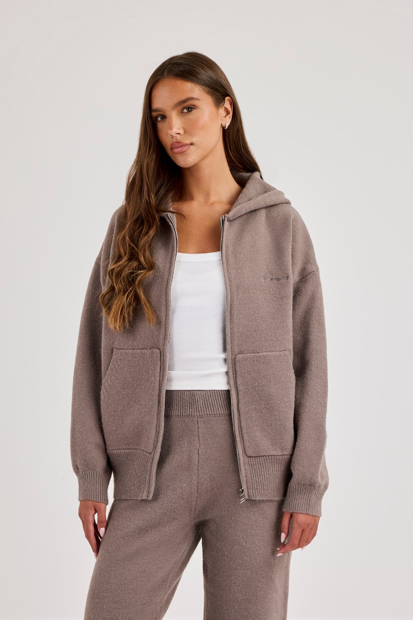 Knitted Stitch Back Detail Zip Through Hoodie - Charcoal