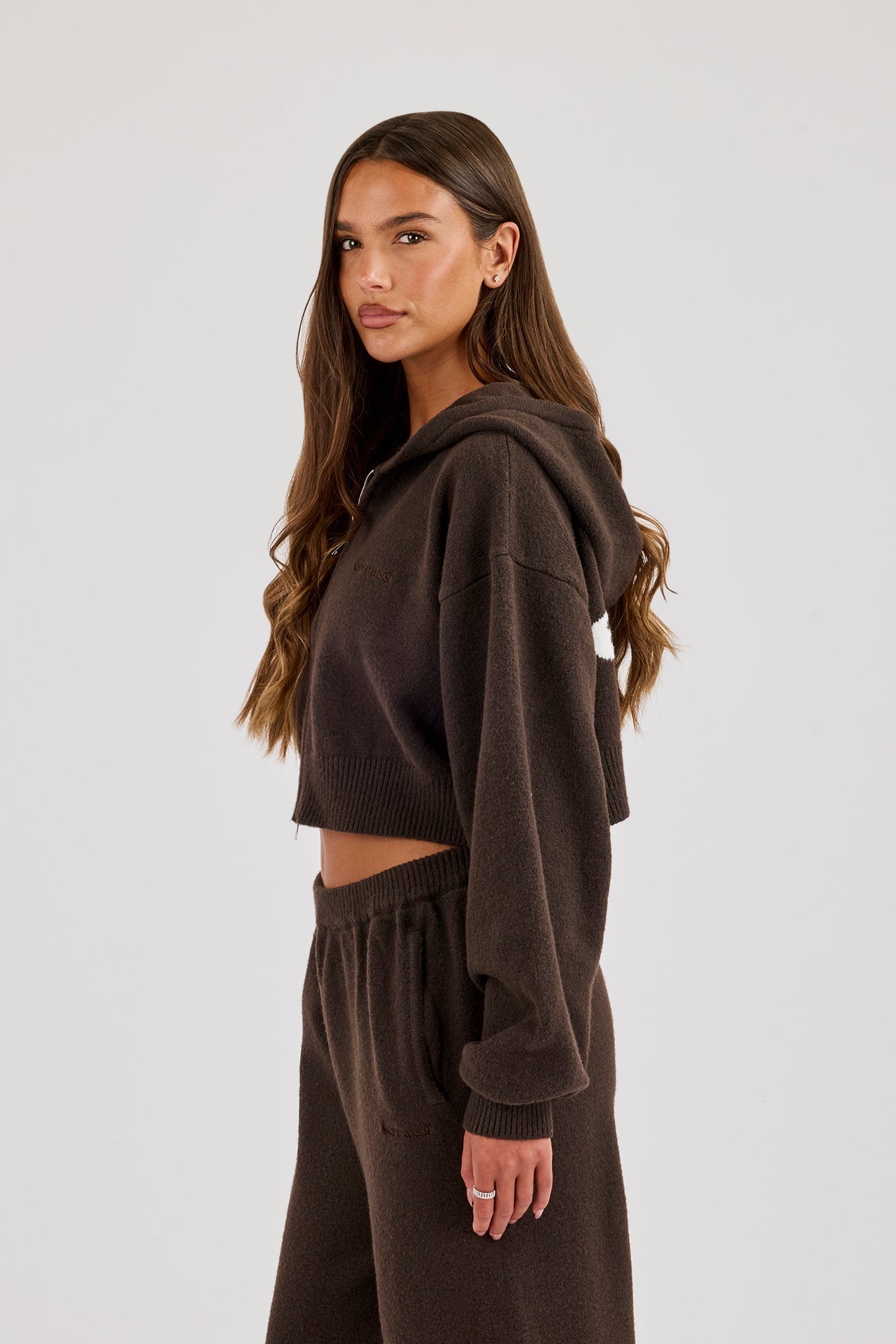Cernucci Knitted Logo Cropped Zip Hoodie - Chocolate