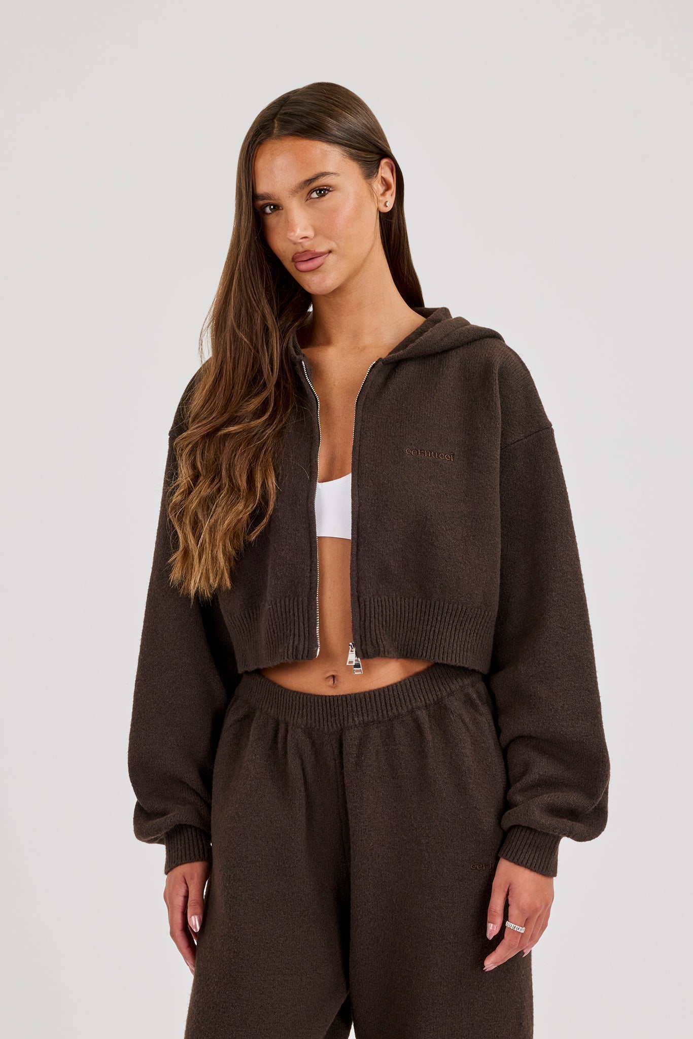 Cernucci Knitted Logo Cropped Zip Hoodie - Chocolate