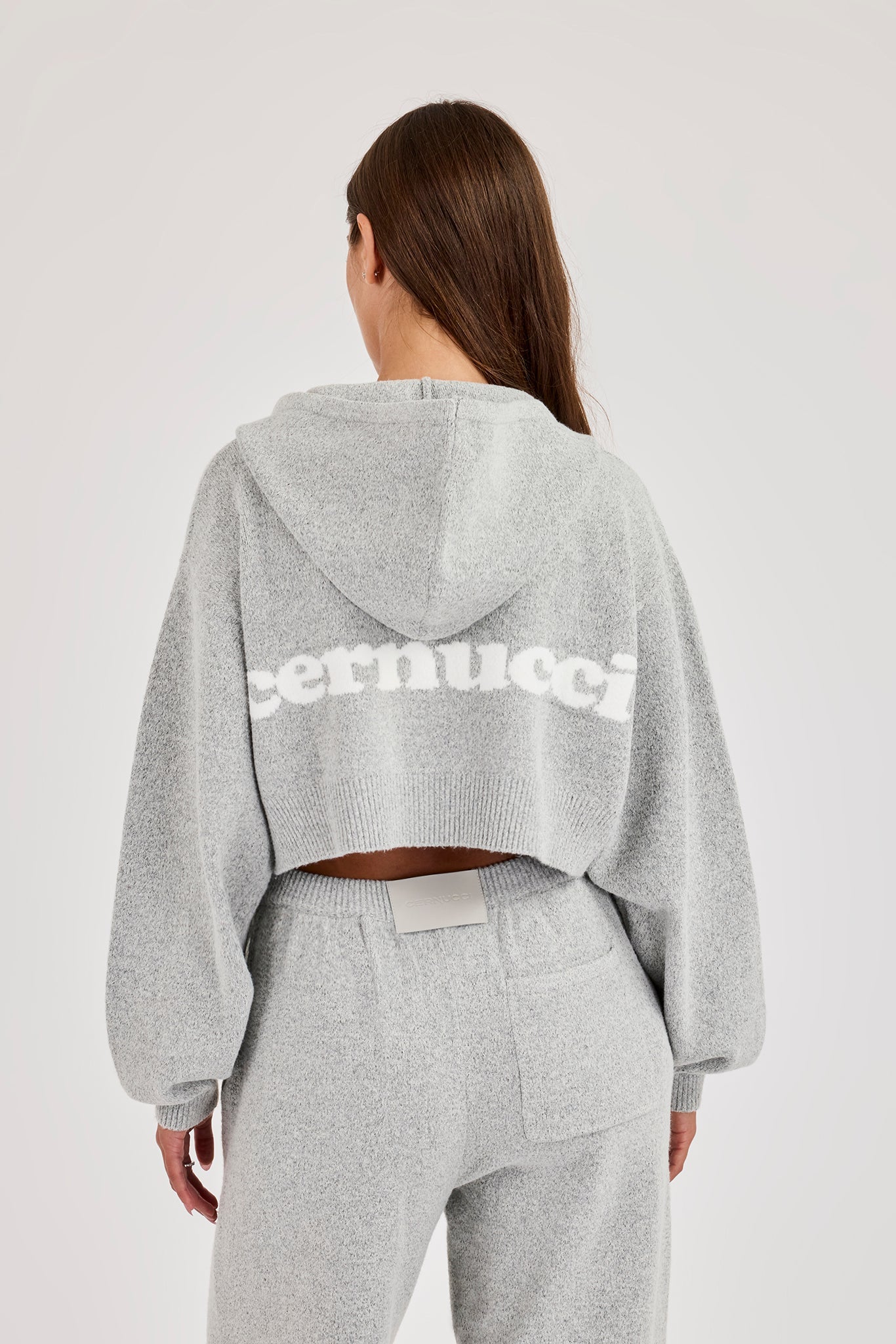 Cernucci Knitted Logo Cropped Zip Hoodie - Grey