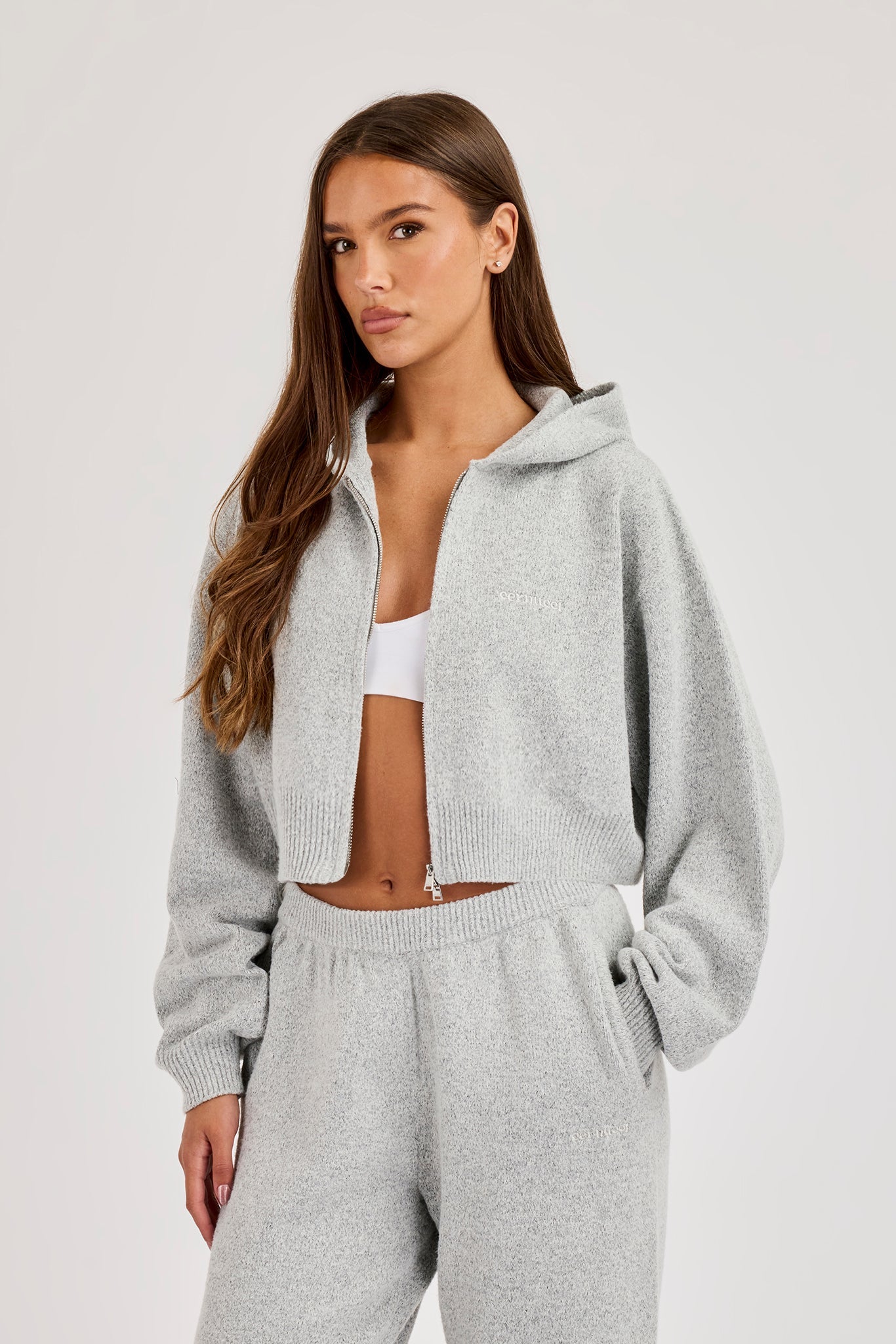 Cernucci Knitted Logo Cropped Zip Hoodie - Grey