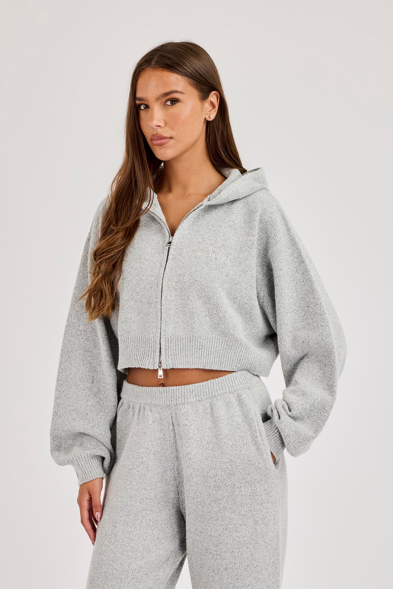 Cernucci Knitted Logo Cropped Zip Hoodie - Grey