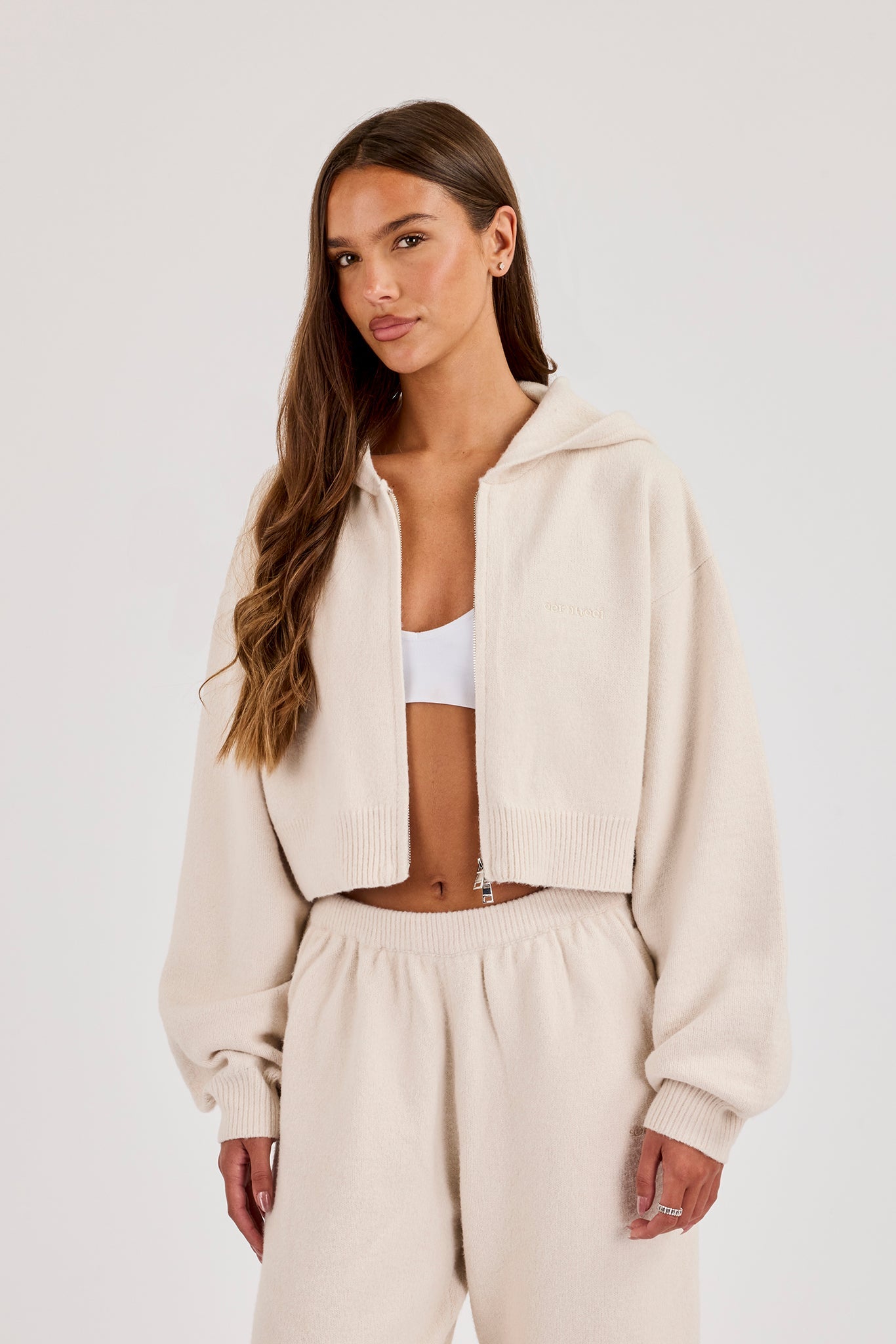 Cernucci Knitted Logo Cropped Zip Hoodie - Oatmeal