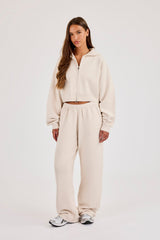 Cernucci Knitted Logo Cropped Zip Hoodie - Oatmeal