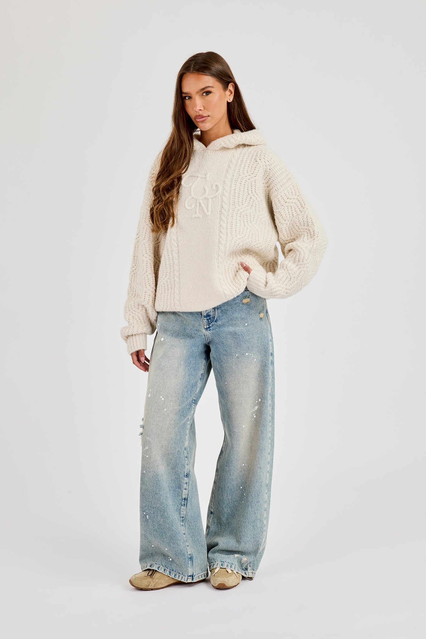 CN Cable Knit Oversized Hoodie - Off White