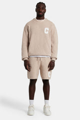 Textured Knitted Sweatshirt Short Tracksuit - Beige