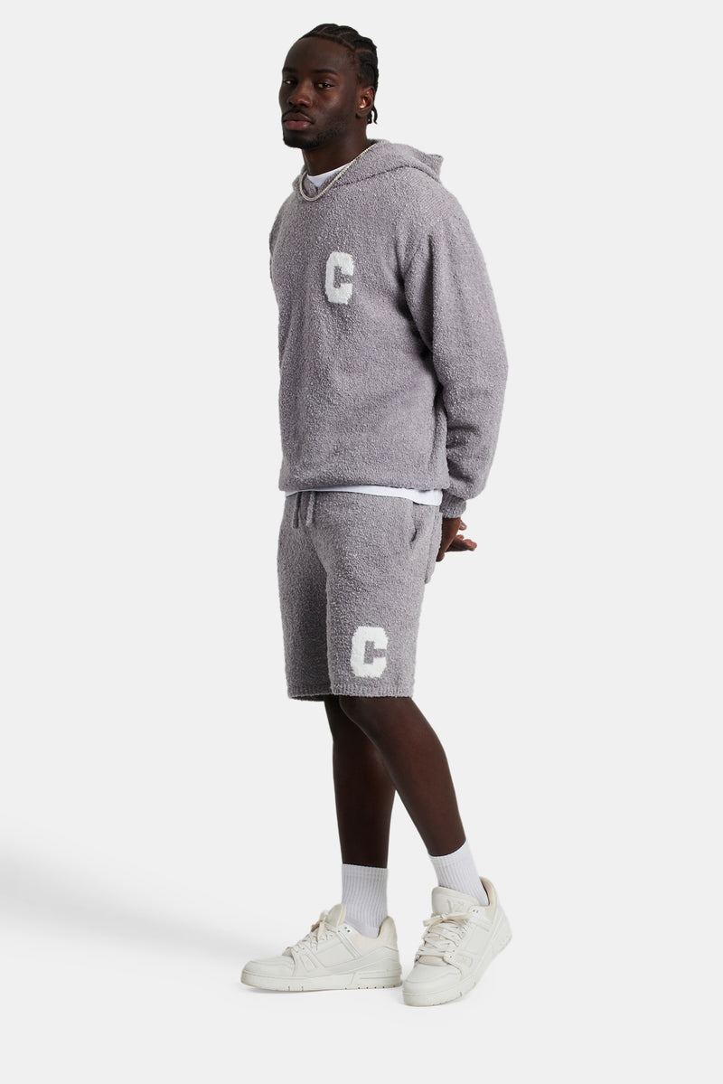 Textured Knitted Hooded Short Tracksuit - Grey