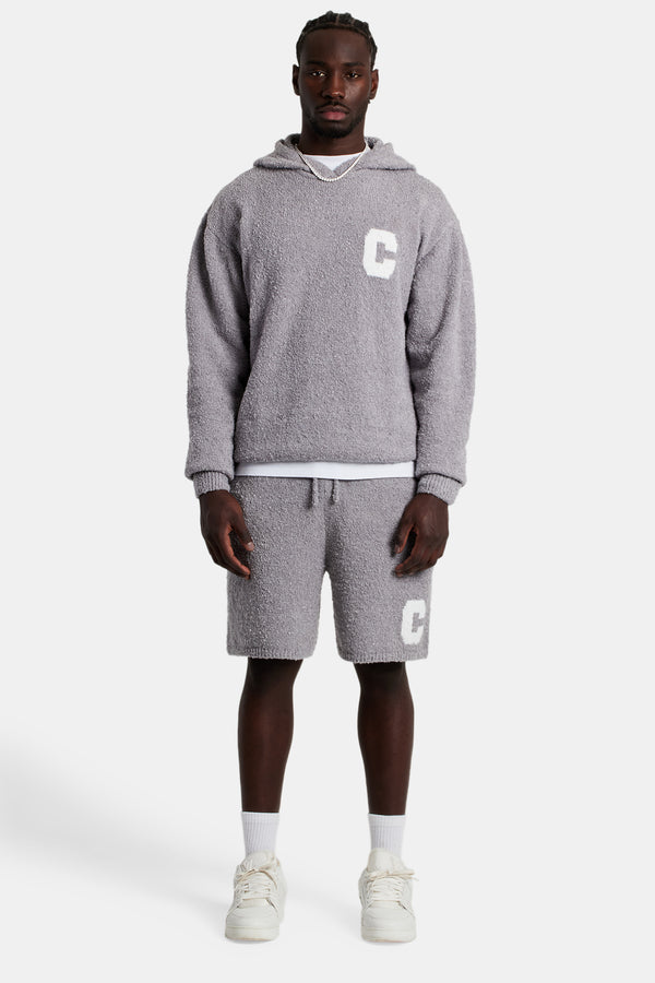 Textured Knitted Hooded Short Tracksuit - Grey
