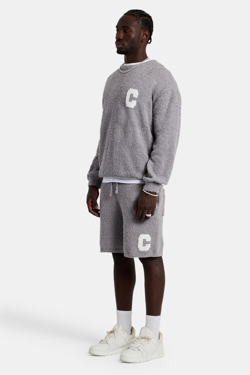 Textured Knitted Sweatshirt Short Tracksuit - Grey