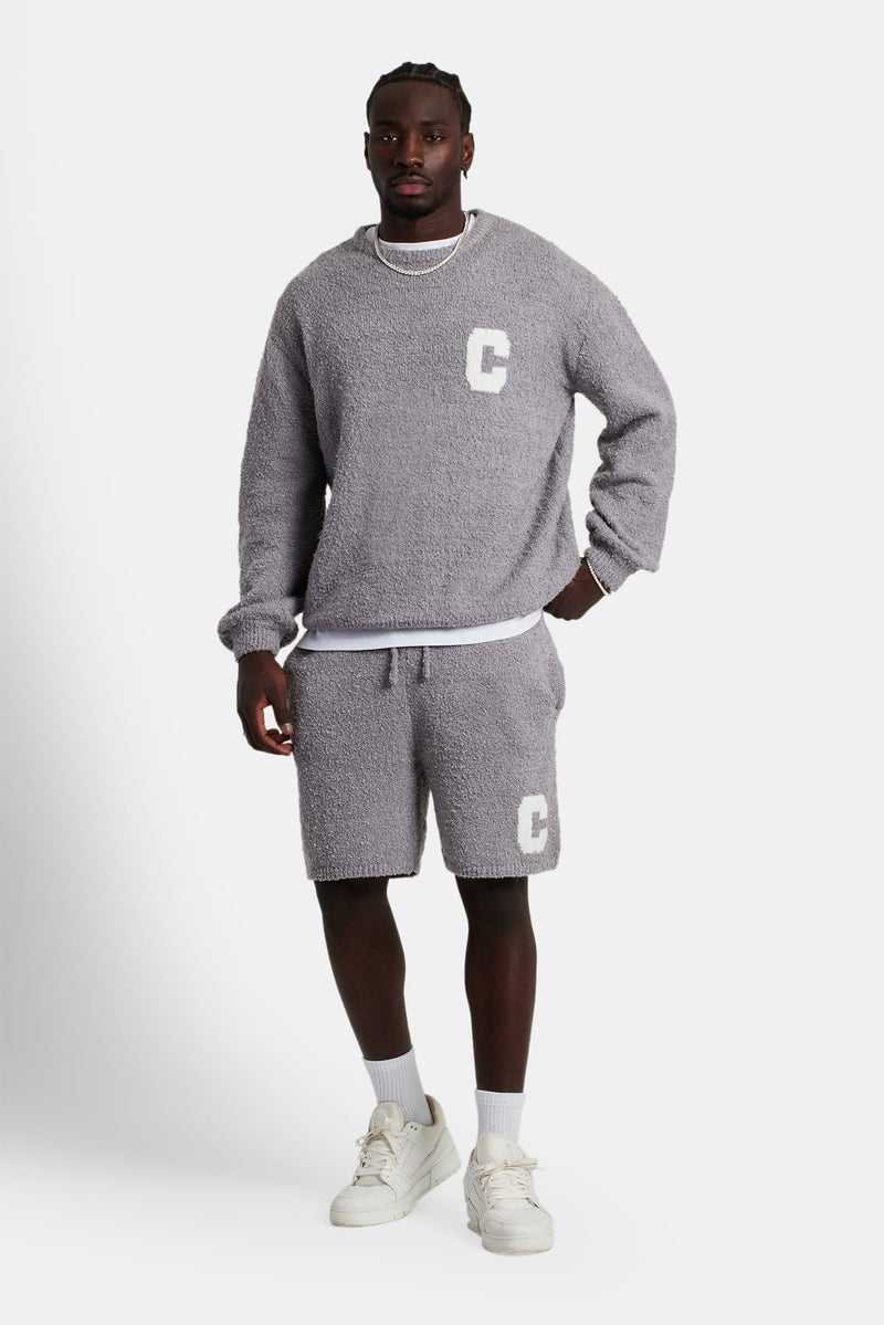 Textured Knitted Sweatshirt Short Tracksuit - Grey