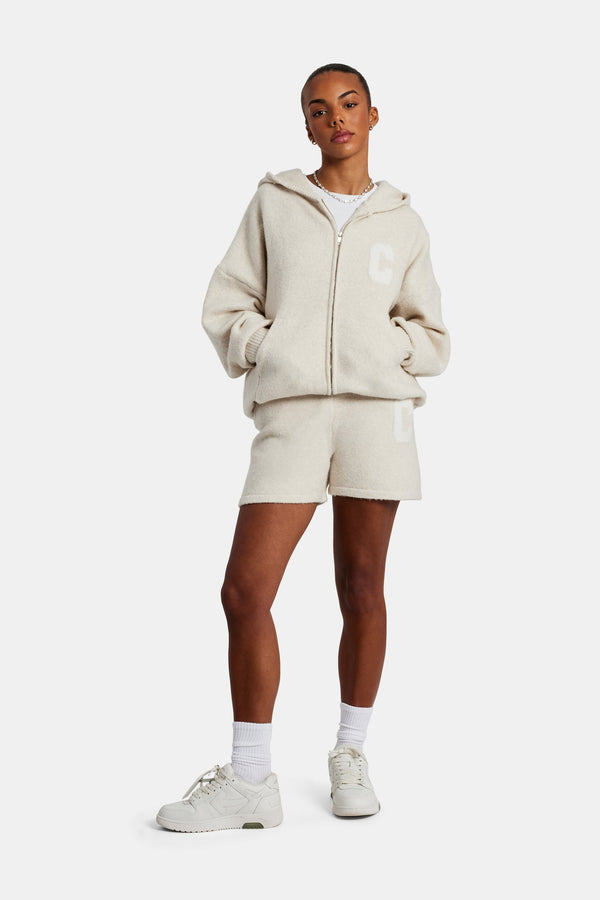 Hooded Zip Through Knitted Short Tracksuit - Oatmeal