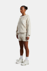 Hooded Zip Through Knitted Short Tracksuit - Oatmeal