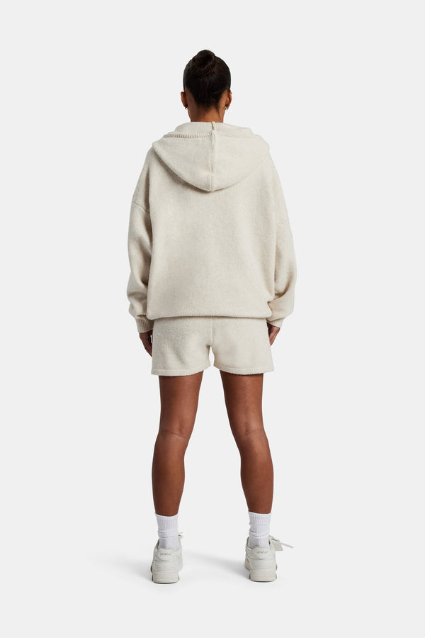 Hooded Zip Through Knitted Short Tracksuit - Oatmeal