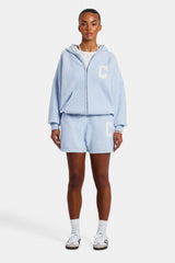 Hooded Zip Through Knitted Short Tracksuit - Light Blue