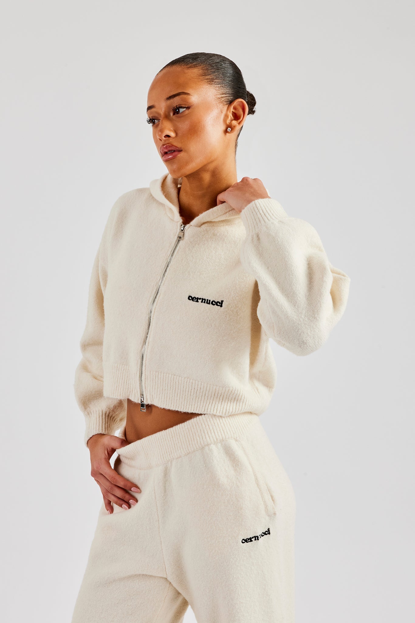 Cropped Knitted Zip Through Hoodie - Ecru | Womens Knitwear | Shop