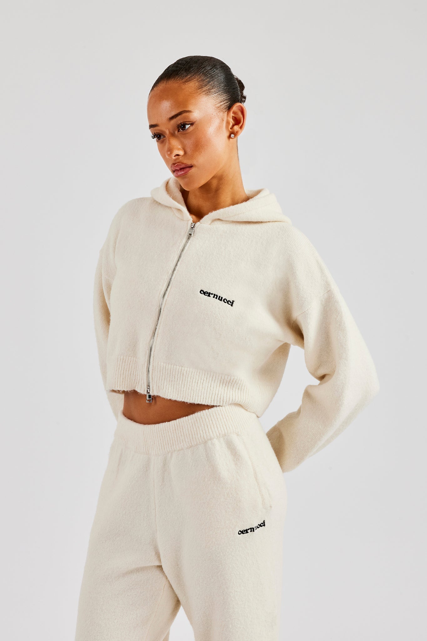 Cropped Knitted Zip Through Hoodie - Ecru | Womens Knitwear | Shop