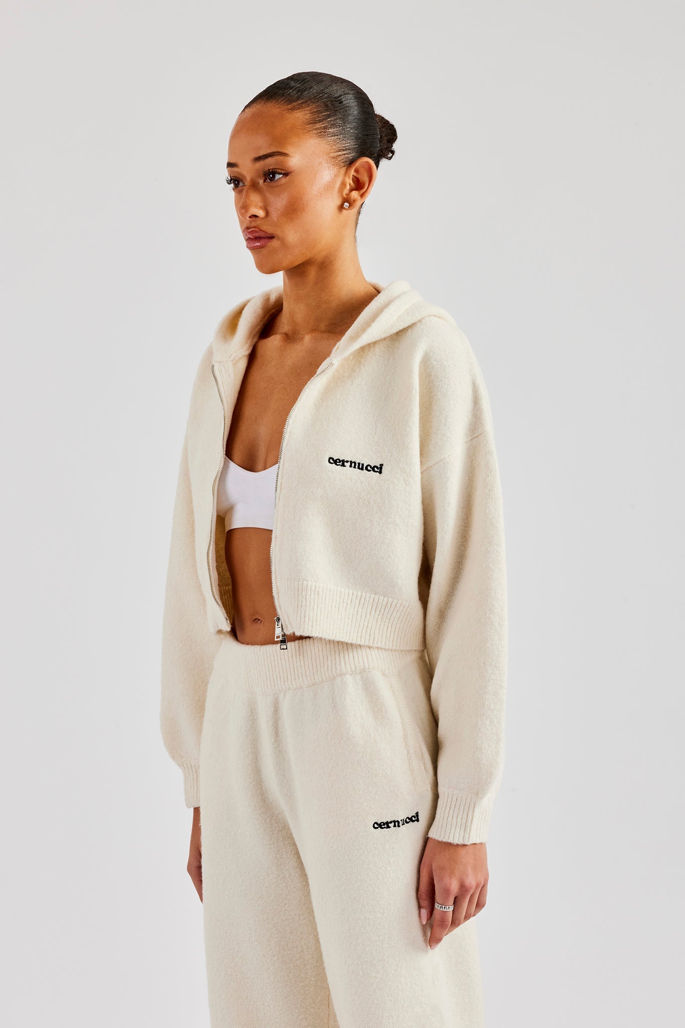 Cropped Knitted Zip Through Hoodie - Ecru | Womens Knitwear | Shop
