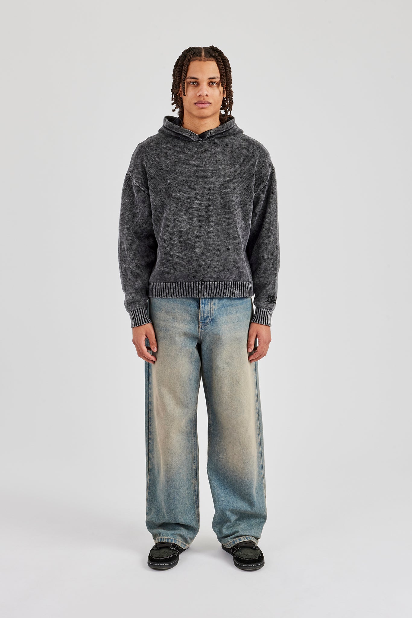 Acid Wash Knitted Hoodie - Charcoal | Mens Knitwear | Shop