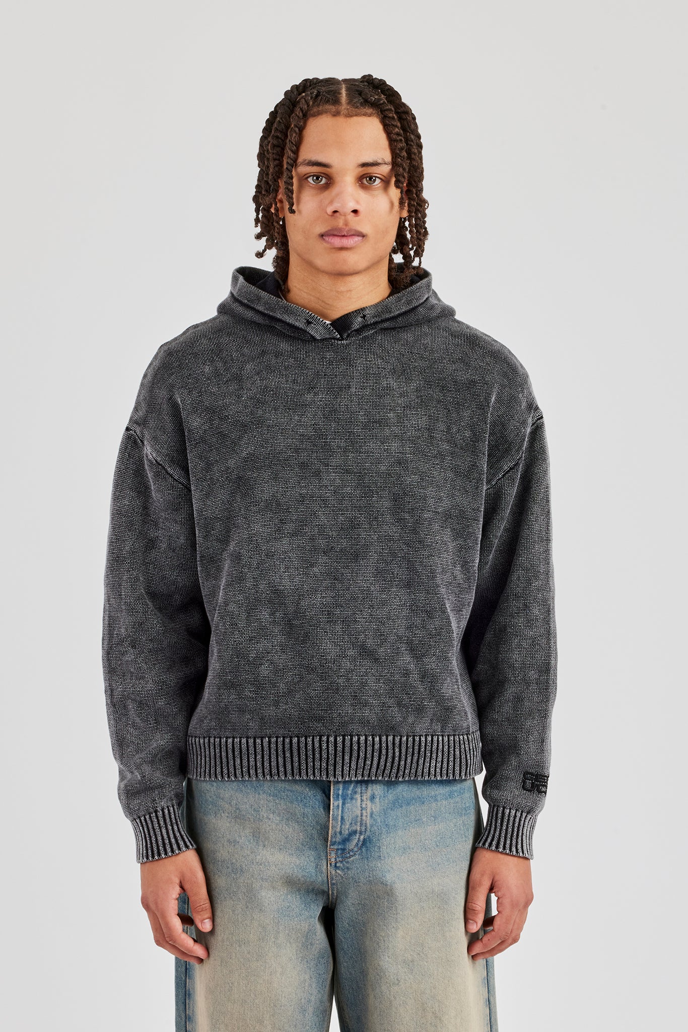 Acid Wash Knitted Hoodie - Charcoal