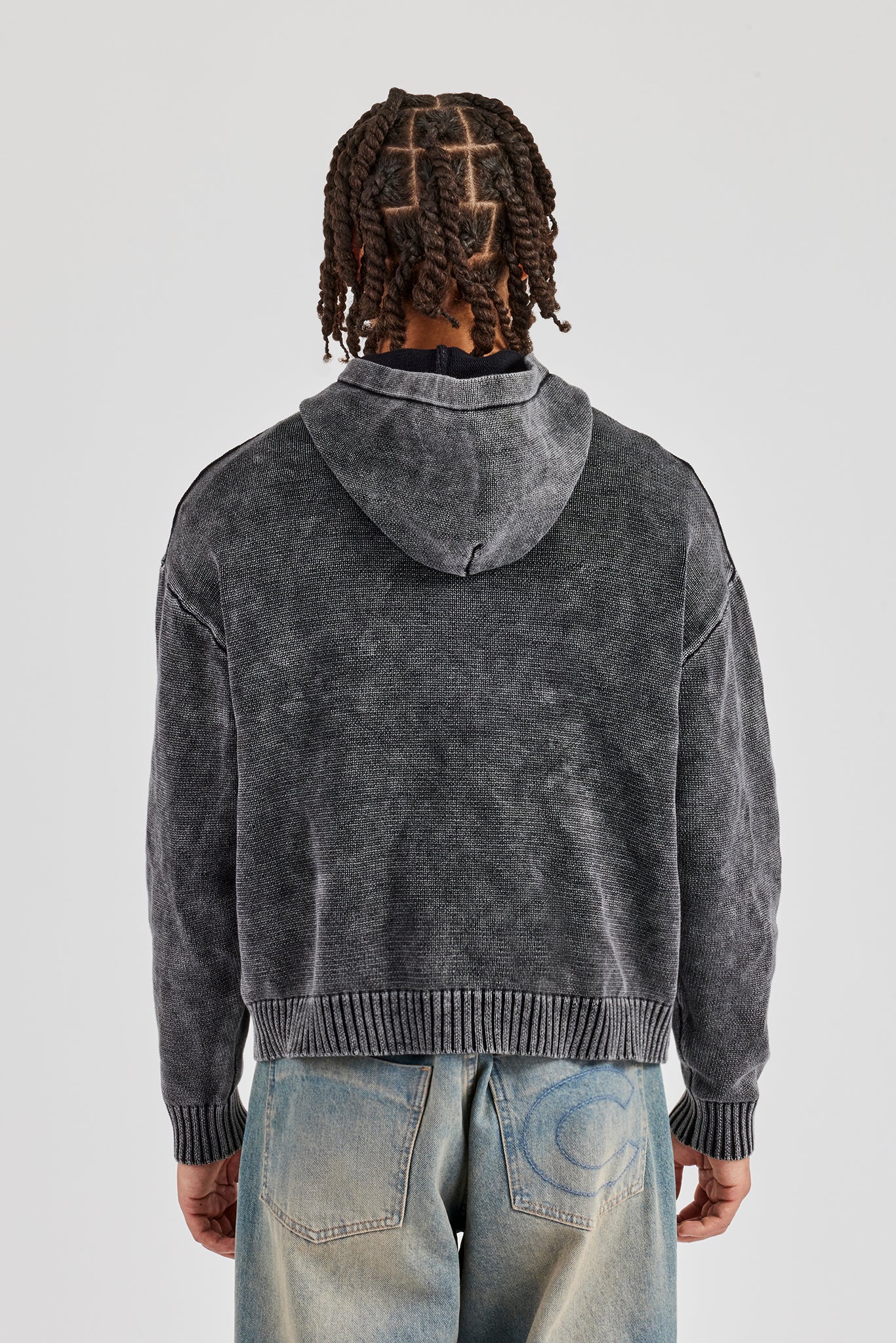 Acid Wash Knitted Hoodie - Charcoal