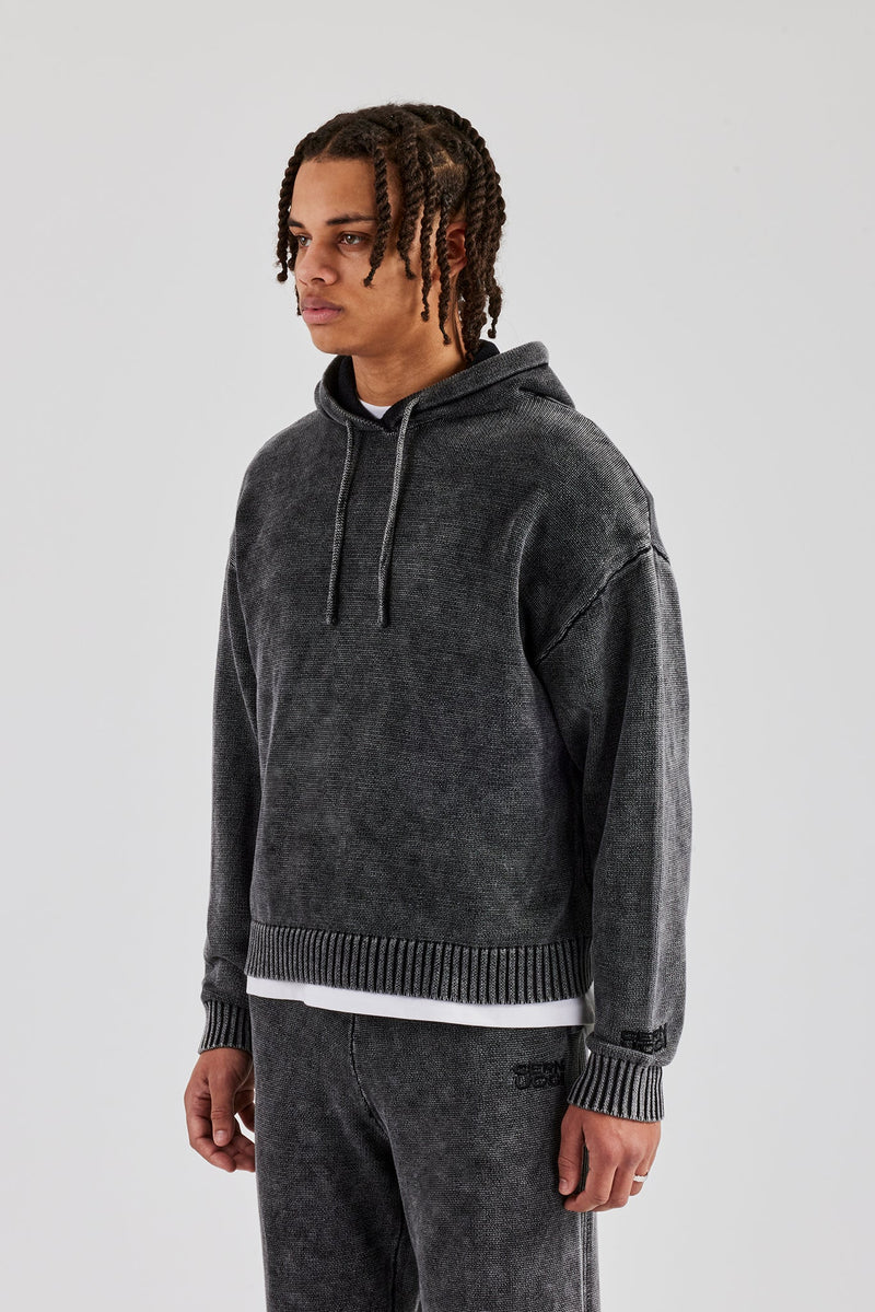 Acid Wash Knitted Hoodie - Charcoal