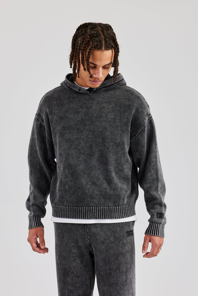 Acid Wash Knitted Hoodie - Charcoal