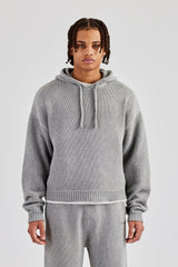 Boxy Knitted Embroidered Hoodie & Straight Leg Jogger - Grey