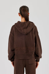 Knitted Embroidered Zip Through Hoodie - Chocolate