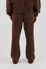Knitted Embroidered Wide Leg Jogger - Chocolate