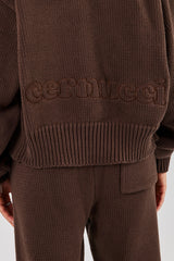 Knitted Embroidered Zip Through Hoodie - Chocolate