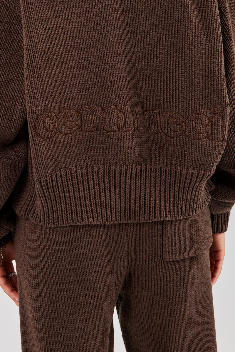 Knitted Embroidered Zip Through Hoodie - Chocolate