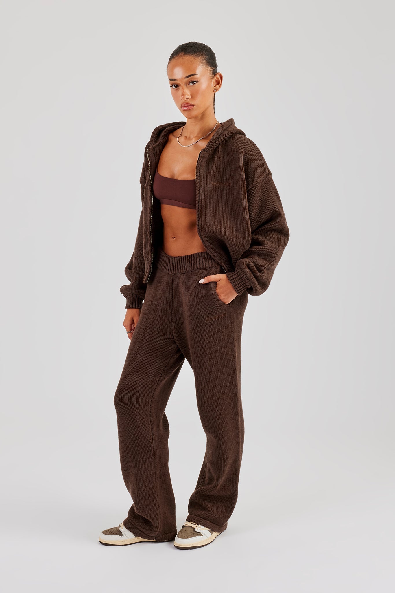 Knitted Embroidered Wide Leg Jogger - Chocolate