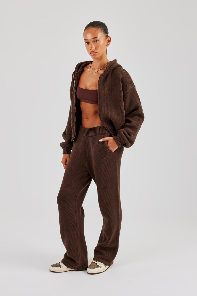 Knitted Embroidered Zip Through Tracksuit - Chocolate