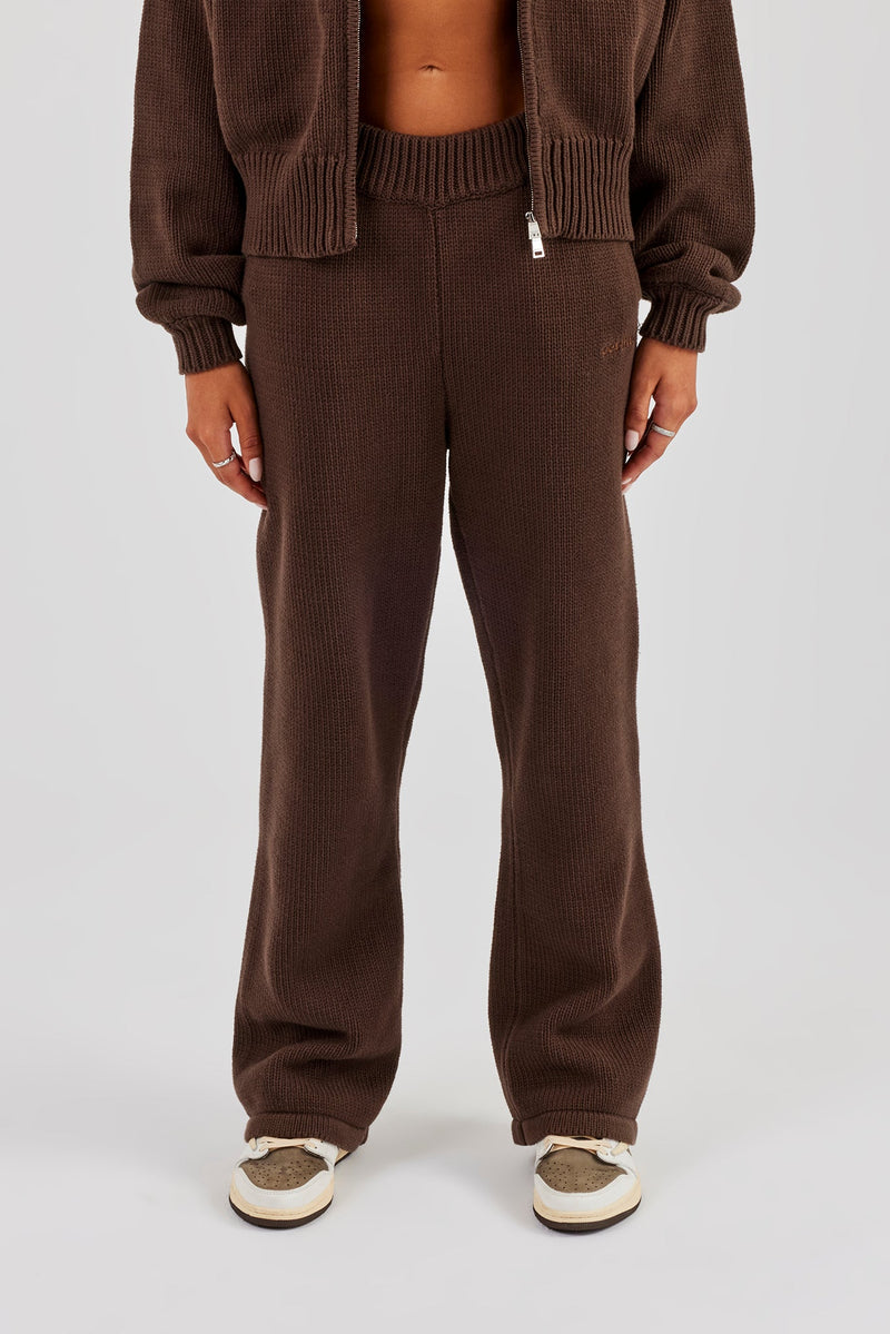 Knitted Embroidered Wide Leg Jogger - Chocolate