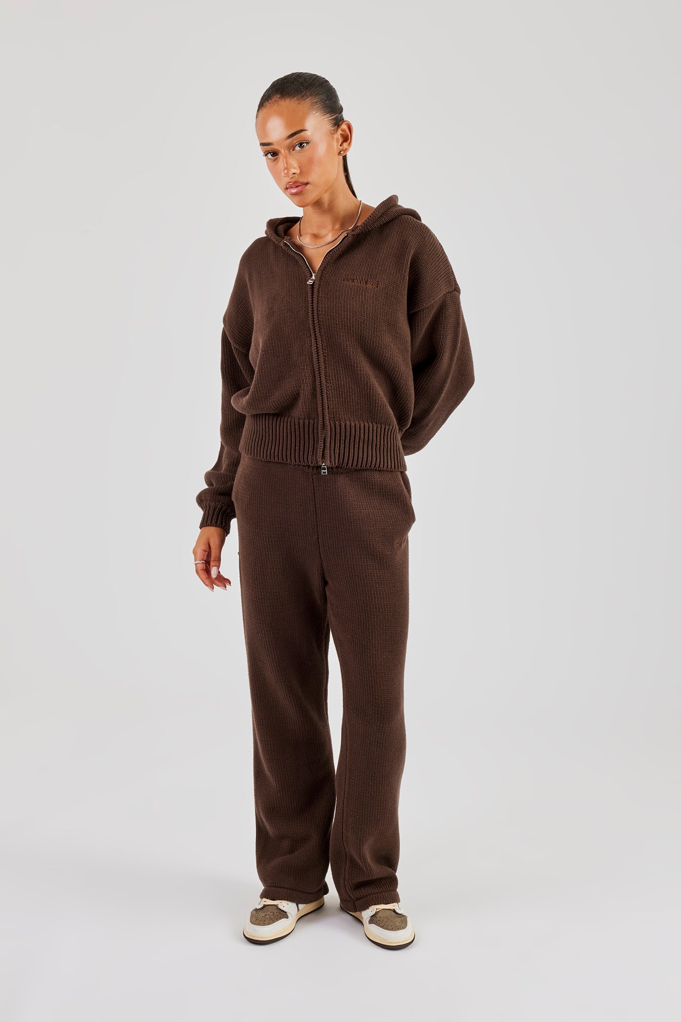 Knitted Embroidered Zip Through Tracksuit - Chocolate