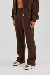 Knitted Embroidered Wide Leg Jogger - Chocolate