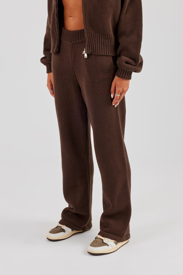 Knitted Embroidered Wide Leg Jogger - Chocolate