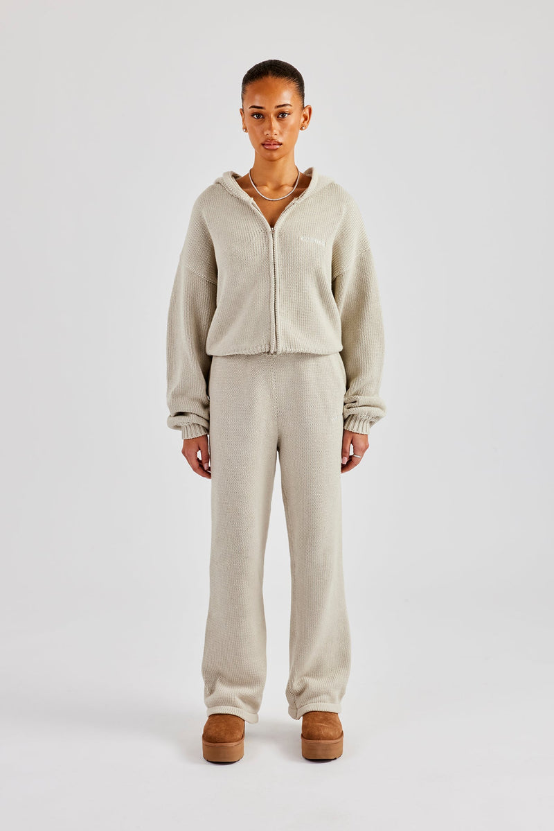 Knitted Embroidered Zip Through Tracksuit - Stone