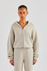 Knitted Embroidered Zip Through Tracksuit - Stone