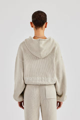 Knitted Embroidered Zip Through Hoodie - Stone