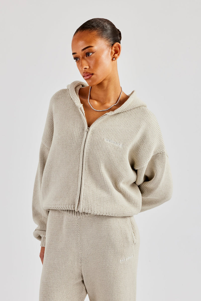 Knitted Embroidered Zip Through Hoodie - Stone