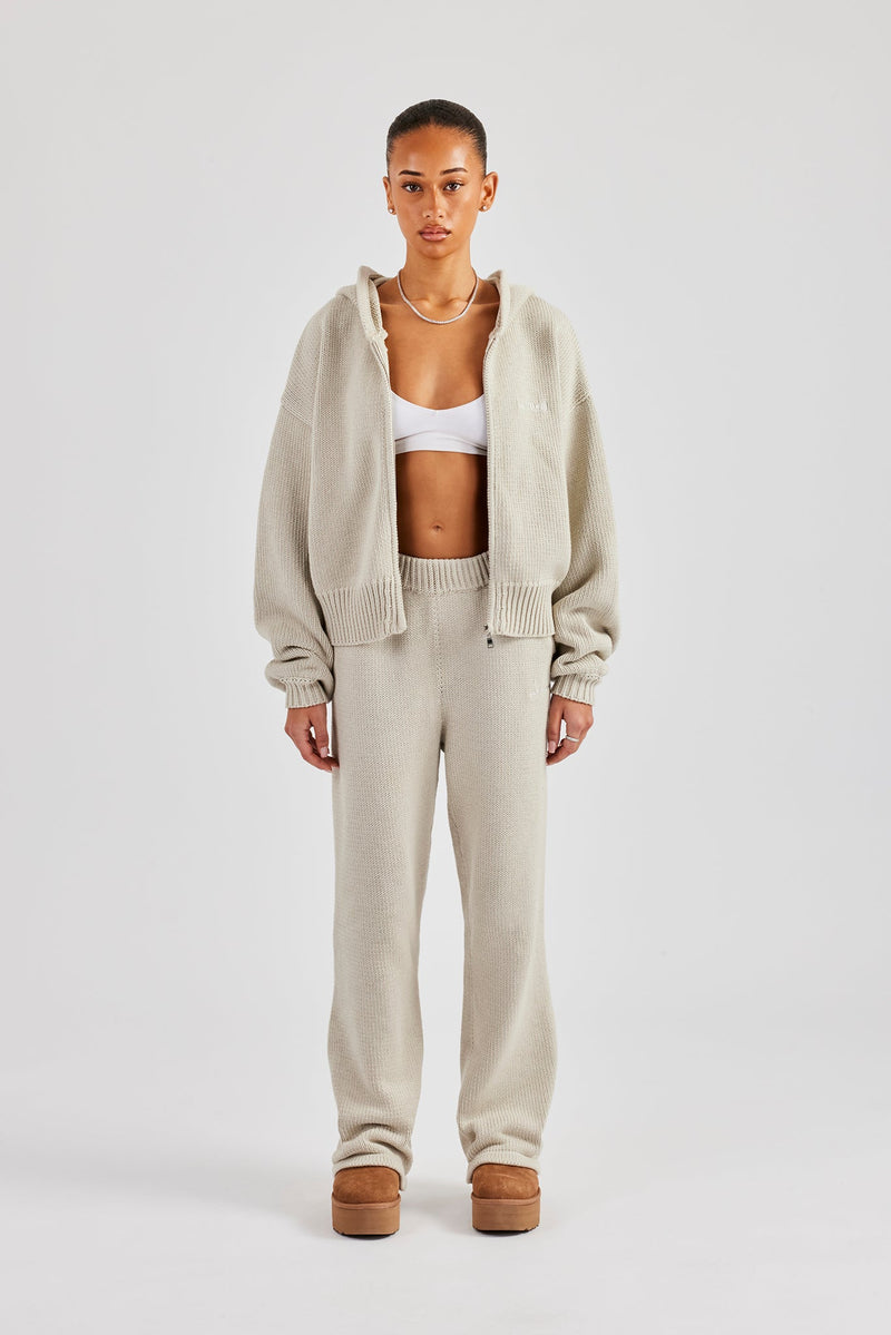 Knitted Embroidered Zip Through Tracksuit - Stone