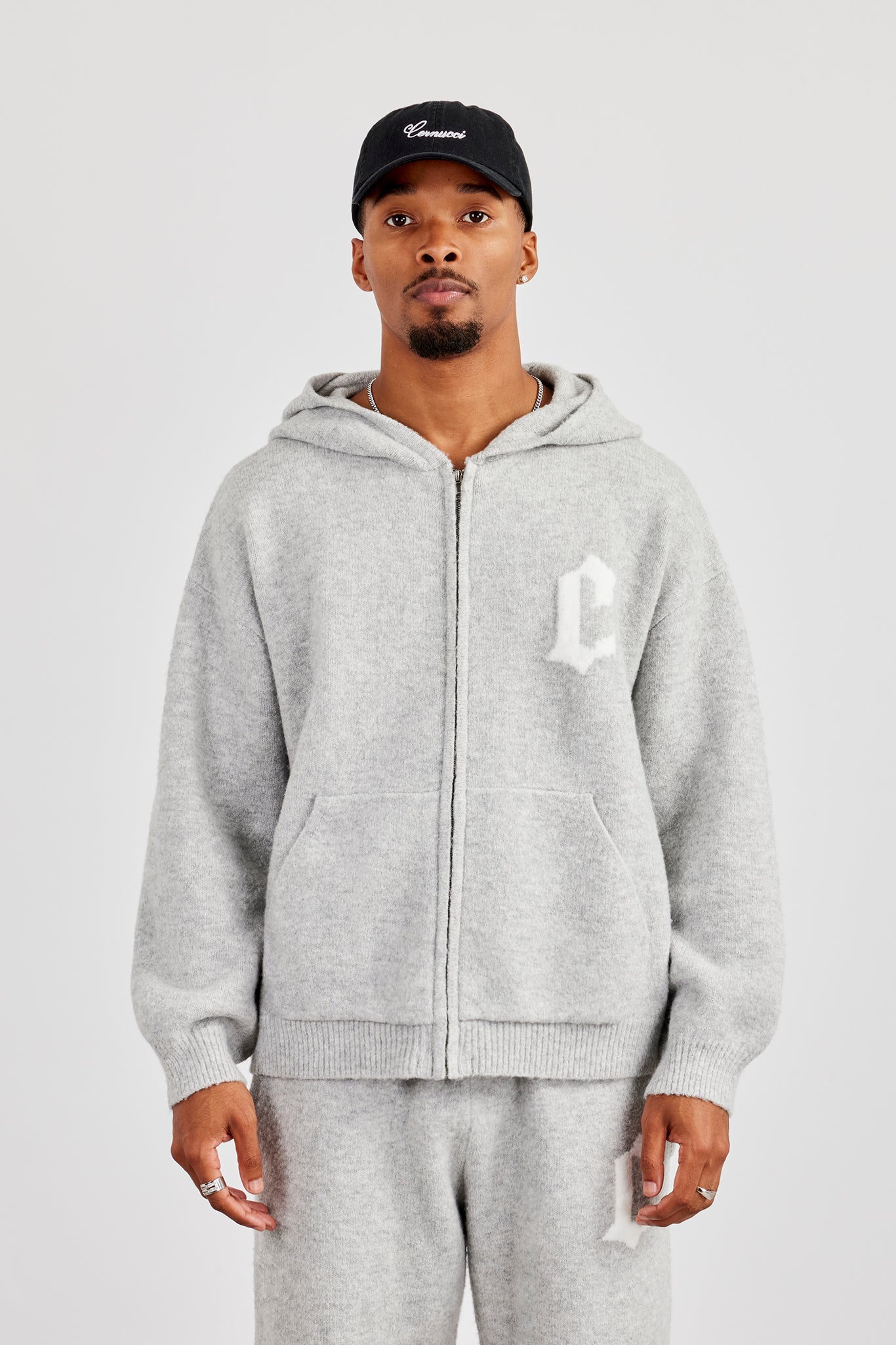Mens C Knitted Zip Through Hoodie - Grey