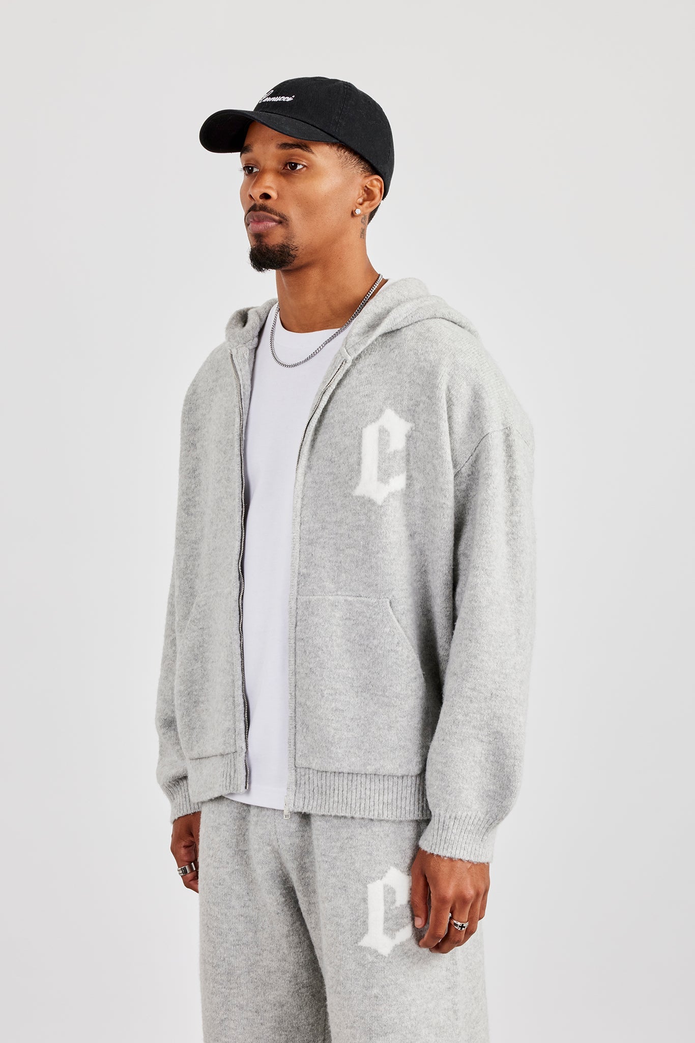 Mens C Knitted Zip Through Hoodie - Grey