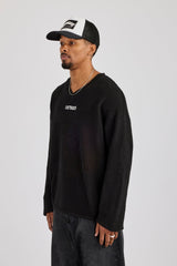 Long Sleeve Knit Varsity Top - Black